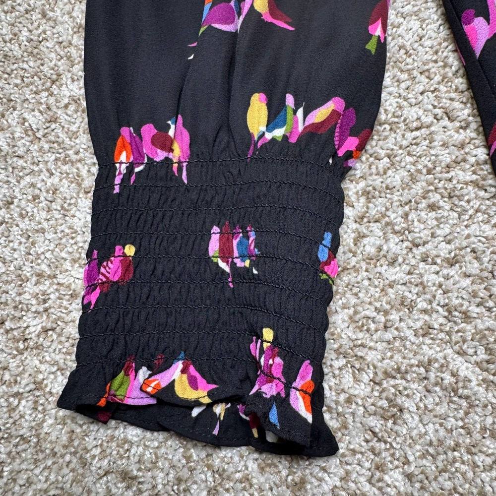 Kate Spade New York Womens Size S Bird Print Smocked High Neck Blouse Black - Picture 2 of 14